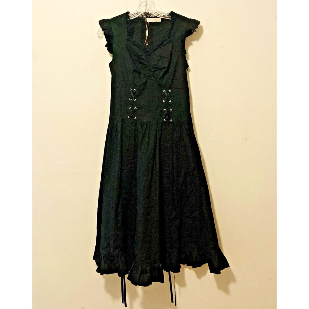 BELLE POQUE black ruffle lace drawstring lace up corset steampunk gothic dress S